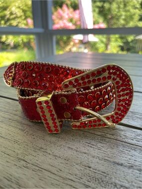 Western Red Rhinestone Embellished Women's Belt - Gold Buckle